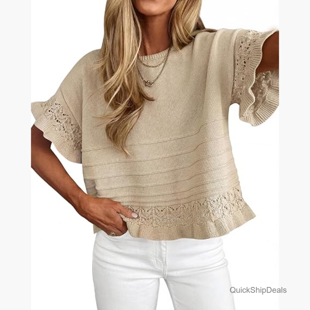 100% Cotton Crochet Ruffle Short Sleeve Sweater Pullover